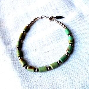 African Turquoise Jasper & Sterling Silver Beaded Bracelet 7” Tribal Boho